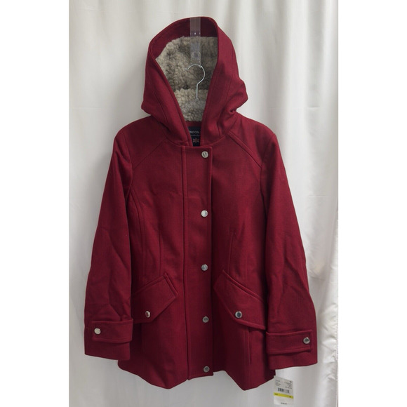 London Fog Sherpa-Lined Wool Coat M Hooded Zip-Front Red Winter Classic - Picture 1 of 10